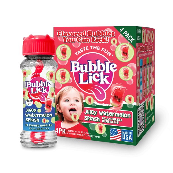 BubbleLick Juicy Watermelon Splash (2.5 Fl Oz, 4-Pack), Lickable Bubbles for Kids and Dogs - Natural Flavor, Great for Bubble Machines, Toys & Refillable Bubble Solution