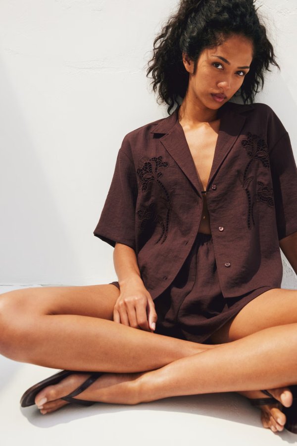 Eyelet Embroidered Shirt - Dark brown - Ladies | H&M US