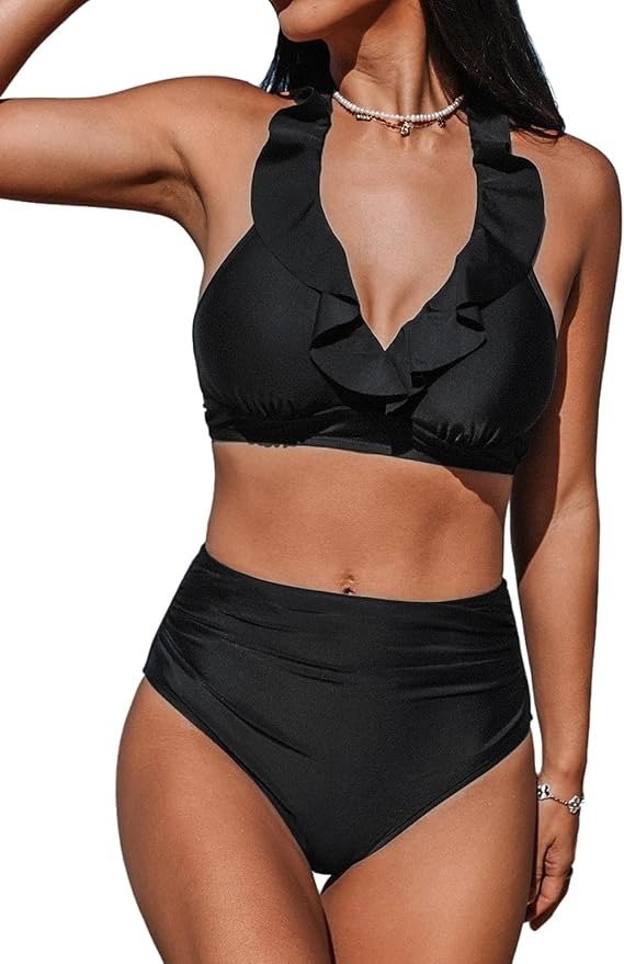 CUPSHE Women's Bikini Sets Two Piece Bathing Suit High Waisted Halter V Neck Ruffled Trim Ruched Swimwear