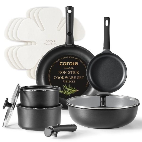 Nonstick Cookware Sets, 15 Pcs Non Stick Pots and Pans with Removable Handle, Black