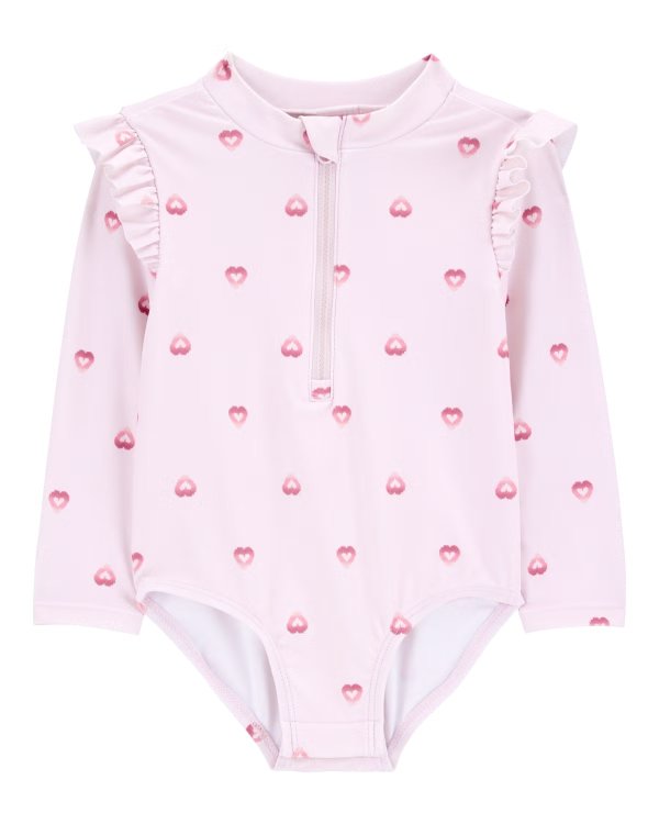 Baby 1-Piece Heart-PrintLong-Sleeve Rashguard Swimsuit - Pink