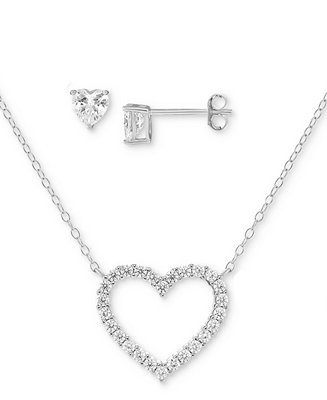 2-Pc. Set Cubic Zirconia Open Heart Pendant Necklace & Heart Stud Earrings in Sterling Silver, Created for Macy's - Macy's