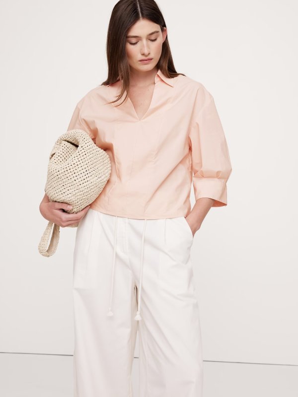 Balloon-Sleeve Cotton Poplin Popover Top