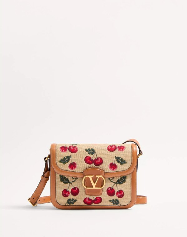 GARAVANI 9TO5 SHOULDER BAG IN JACQUARD RAFFIA WITH CHERRYFIC MOTIF