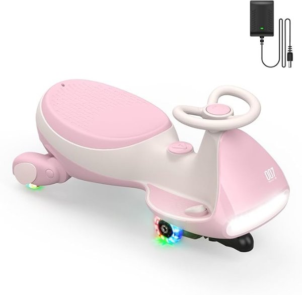 FanttikRide 12V N7 Pro Electric Wiggle Car with Pedal, Rechargeable Battery, CyberWiggle, 2 in 1 Swing Car, 2 Speed, Anti-Rollover, Flashing Wheels, Bluetooth, for Ages 3 and Up, 150 Lbs,Pinkish White