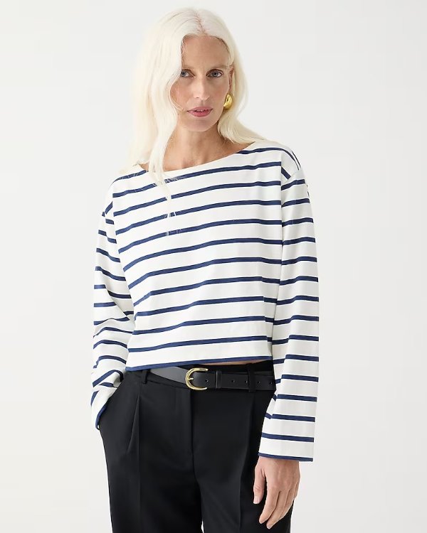 Cropped boatneck T-shirt in mariner cotton