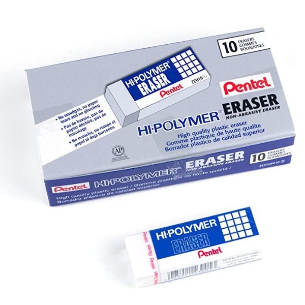 Pentel Hi-Polymer Block Eraser, Large, White, Pack of 10 ZEH-10 Erasers (ZEH10PC10)