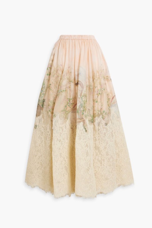 Corded lace-paneled printed cotton and linen-blend maxi skirt