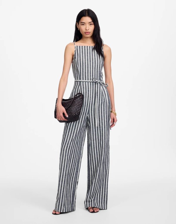 Pleated Wide-Leg Jumpsuit in Pinstripe Linen