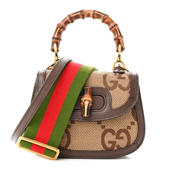 Monogram Jumbo GG Textured Dollar Calfskin Web Small Bamboo 1947 Top Handle Bag Camel Ebony New Acero