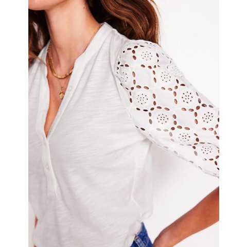BodenEden Puff Sleeve Henley Top White