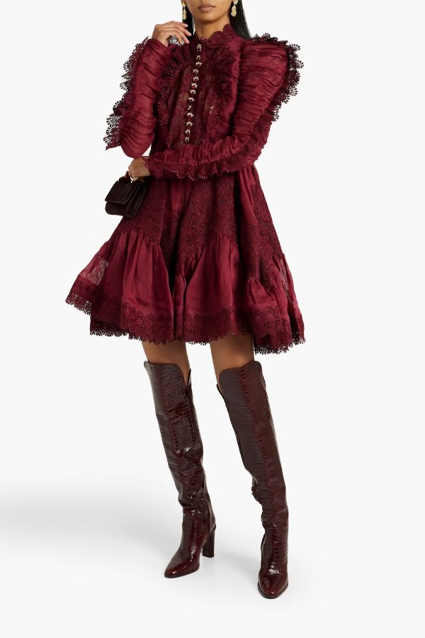 Guipure lace-trimmed linen and silk-blend mini dress