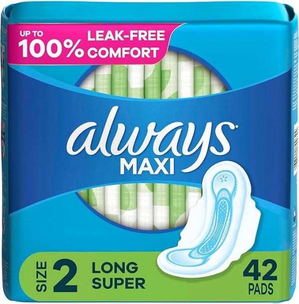Maxi Feminine Pads for Women, Size 2, Long, Super Absorbency, with Wings, Unscented, 42 Count (Packaging May Vary)