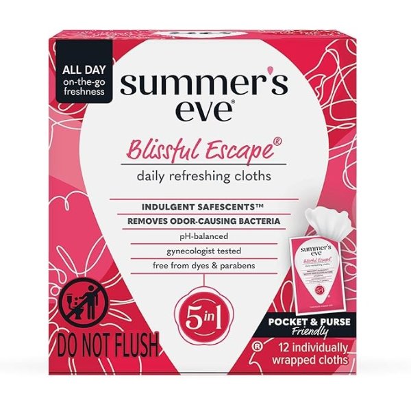 Summer's Eve Blissful Escape Daily Refreshing Feminine Wipes, Removes Odor, pH Balanced, 12 Count, 1 Pack