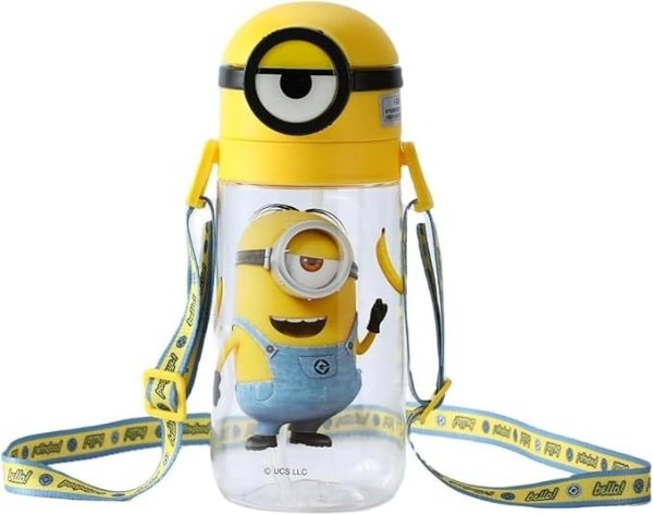 Minions Collection Plastic Water Bottle with Straw and Shoulder Strap - 600mL Yellow Tumbler