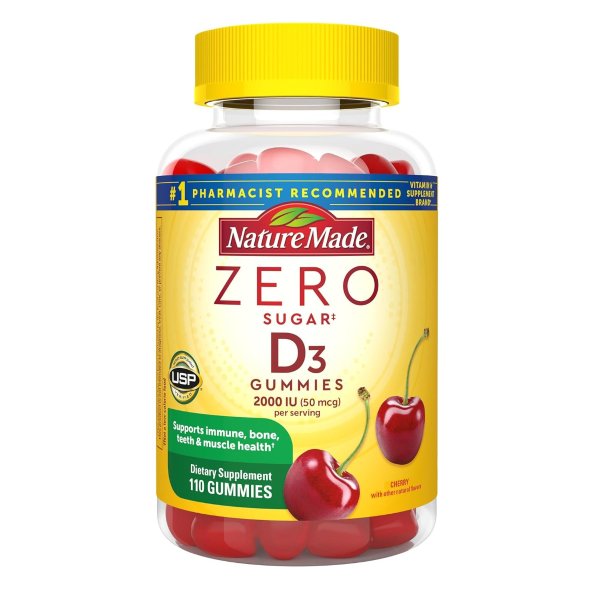 Zero Sugar Vitamin D3 Gummies 2000 IU (50 mcg) per Serving, Immune, Bone, Teeth & Muscle Support Supplement, 110 Sugar Free Vitamin D Gummies, 55 Day Supply
