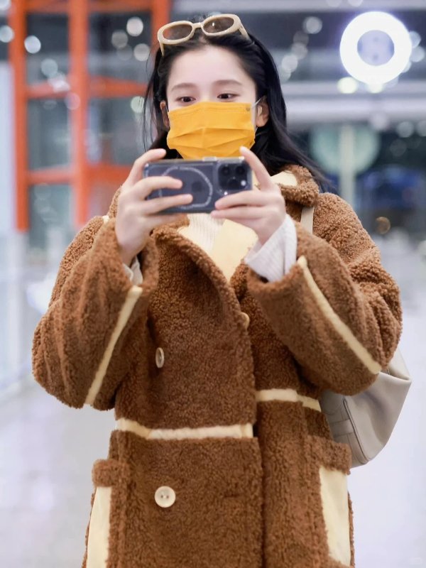 张婧仪同款不同色 巧克力色 双排扣仿羊羔毛夹克