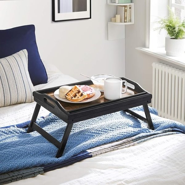 Bed Tray Table with Bamboo Folding Legs, Sofa Breakfast Tray, Serving Tray with Groove for Phone Tablet, Rustic Dark Brown ULLD111B01