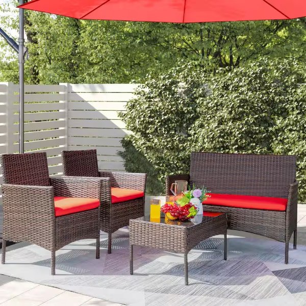Wicker Outdoor Furniture Set 4-Piece Red Cushion