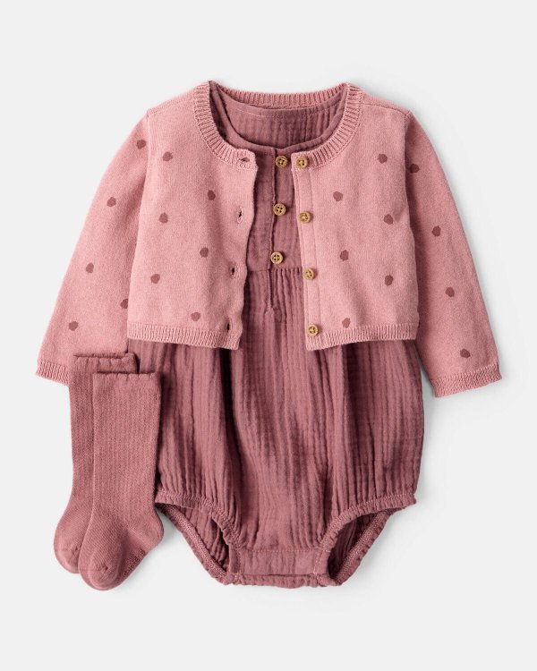 Baby Girl Acorn Print 3-Piece Dress Set Pink
