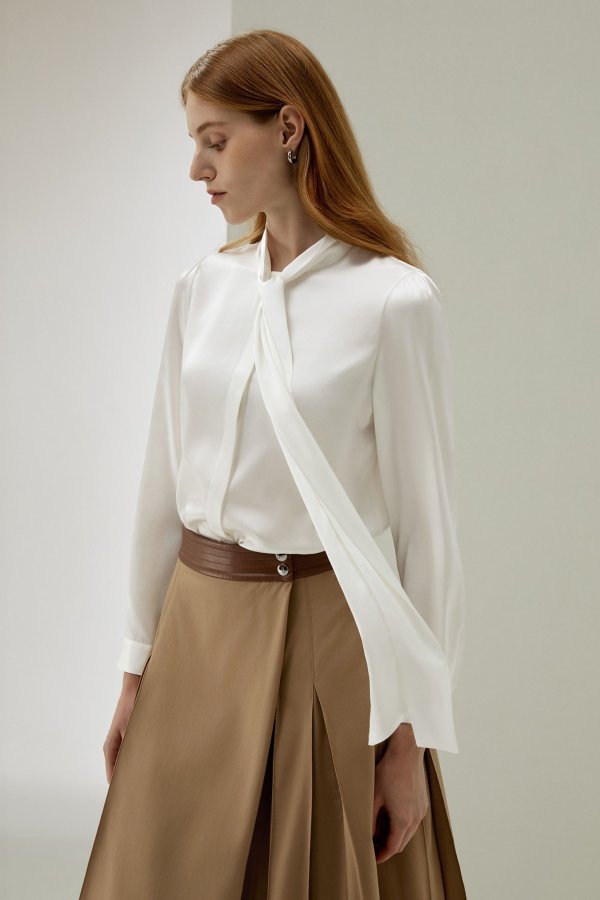 Women Bow-tie Neck Silk Blouse