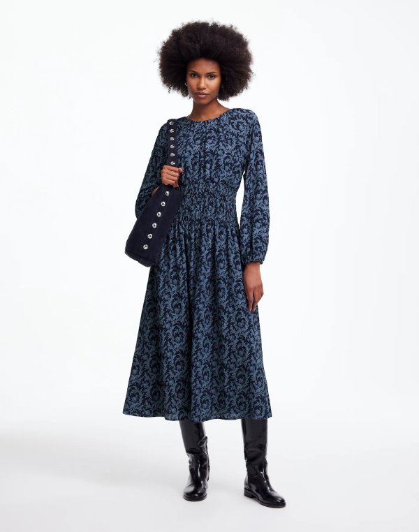 Bubble-Sleeve Smocked Midi Dress in Floral