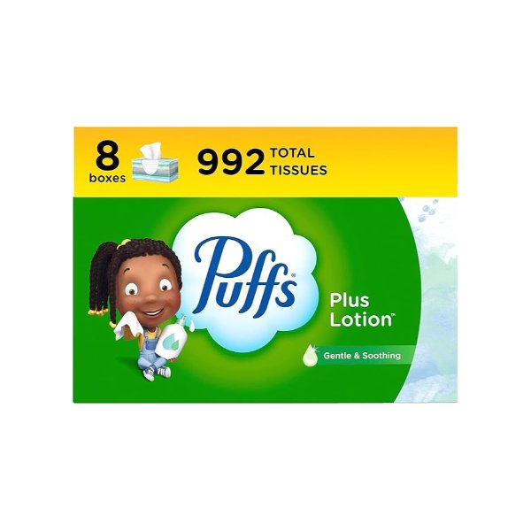 Plus Lotion Facial Tissue, 8 Family Boxes, 124 Facial Tissues per Box