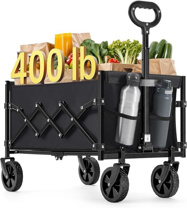 Collapsible Wagon, Portable Wagon Folding with Wheels, Utility Pull Wagon, Camp Garden Cart with Handle, Loads Up to 330 lb, Outdoor, Yard, Ink Black UGFW909B01