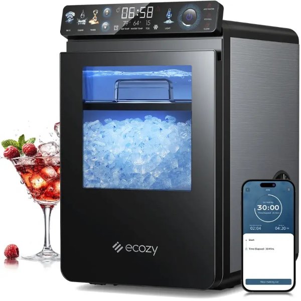 Ecozy - Smart Nugget Ice Maker Countertop, First Full-Color Smart Panel Ice Machine with APP Control, 44 lbs/24H - Stainless steel