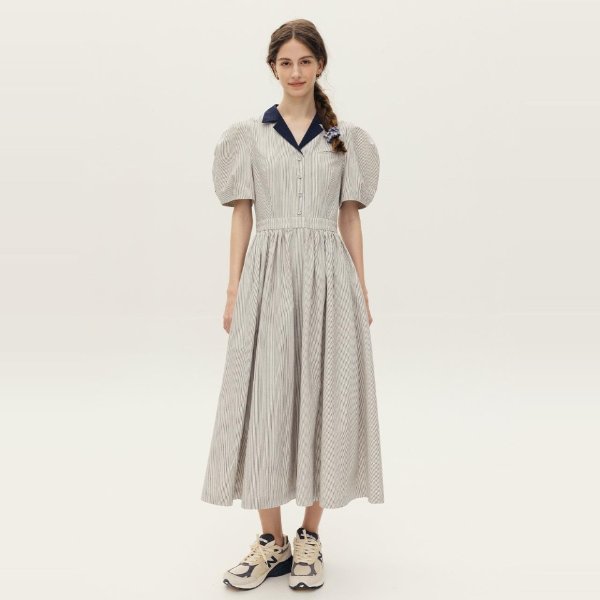 Hollywood Shirring Detail Dress [Navy pin stripe]