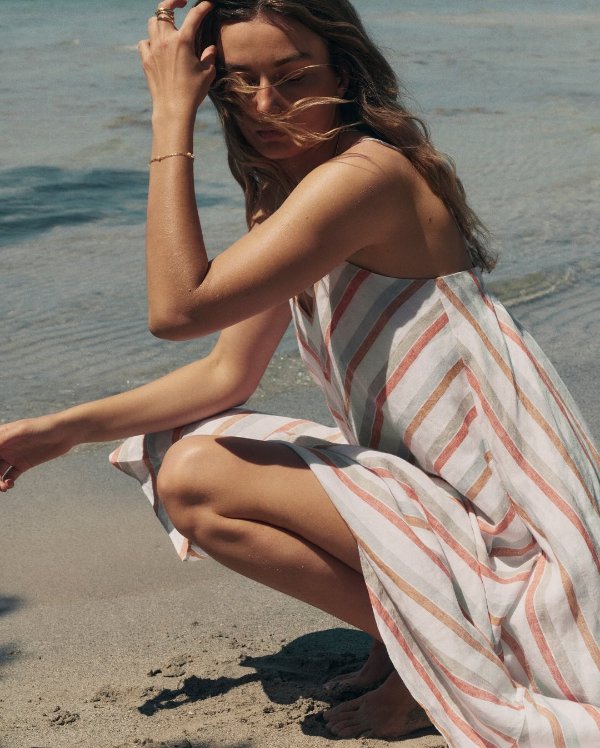 Striped V-Neck Midi Dress in 100% Linen