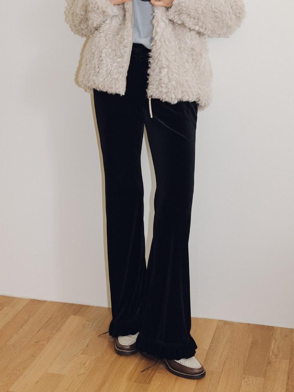Ruffle Detail Velvet Pants Black