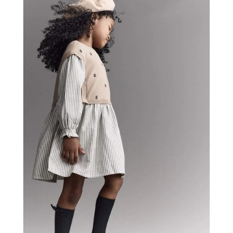 婴幼儿波点拼接长袖连衣裙 棕色