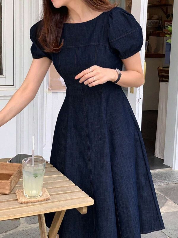 DAZY Denim Dress for Women Round Neck Waist Gathered
