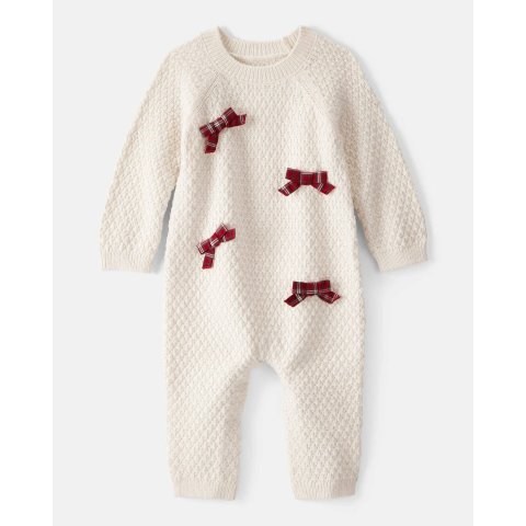 婴儿蝴蝶结长袖针织连体衣 白色
