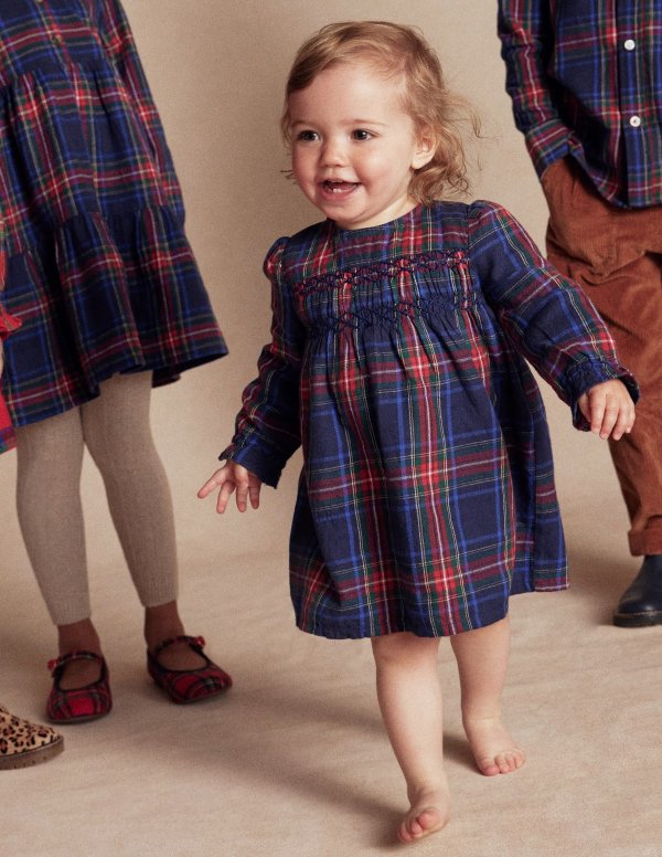 Smocked Occasion Dress Navy Check