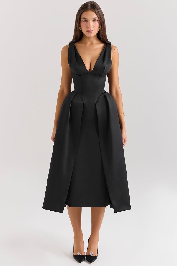 House of CB Black Satin Twist Strap Midi Dress