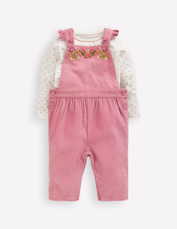 Woven Overalls Set Pink Haze Floral Embroidery