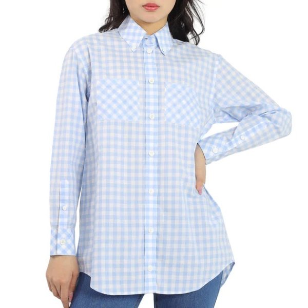 ladies pale blue pattern gingham cotton poplin shirt dress