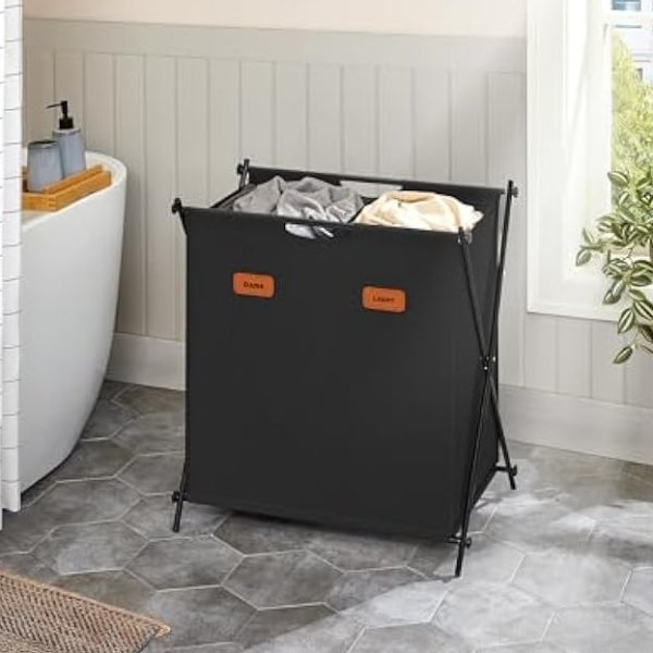 Laundry Hamper, Laundry Basket, 30.4 Gal. Laundry Sorter 2 Sections, Collapsible X-Frame, Clothes Organizer with Customizable Labels, Laundry Room, Bedroom, Bathroom, Ink Black ULCB120B01