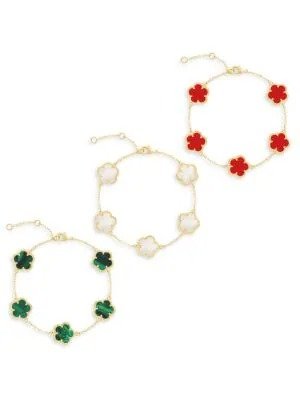 Flower Synthetic Emerald Mother Of Pearl Bracelet Set 3-Pack