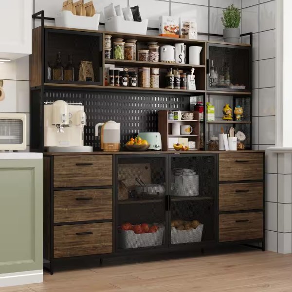 Brown Wood Buffet Cabinet Metal Mesh Doors 70.9 in