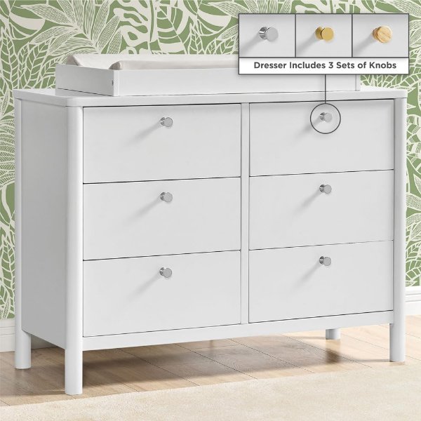 Brooks 6 Drawer Dresser with Interlocking Drawers (Includes 3 Sets of Knobs – Choose from Natural, Brushed Nickel & Melted Bronze), Bianca White