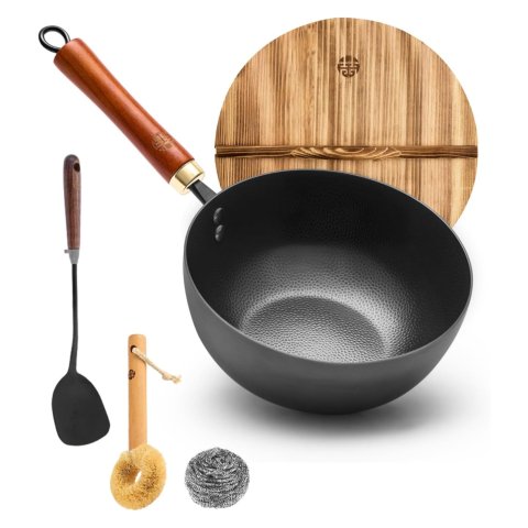 王源吉深煎熟铁锅 木盖 8.7英寸