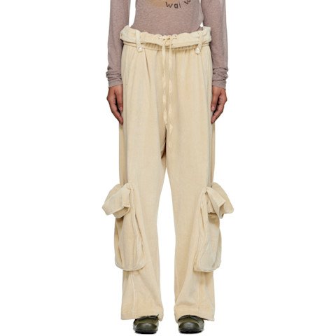 Beige Velour Cargo Pants Drawstring Waist
