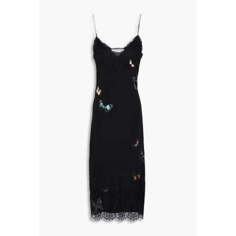 Embroidered Silk Midi Dress Lace-Trimmed