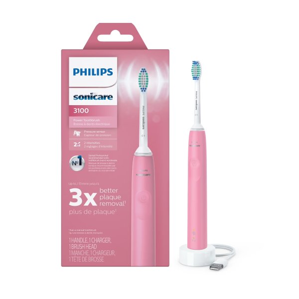 Philips Sonicare 3100 Power Toothbrush, Rechargeable Electric Toothbrush with Pressure Sensor, Deep Pink HX3681/06