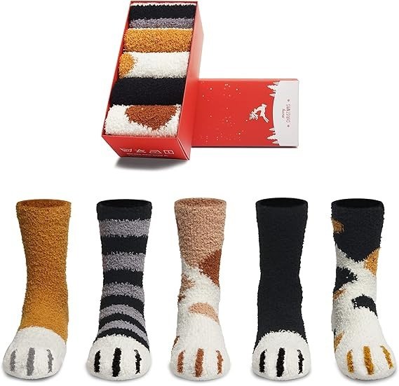 Cat Paw Fuzzy Socks for Women 5 Pairs