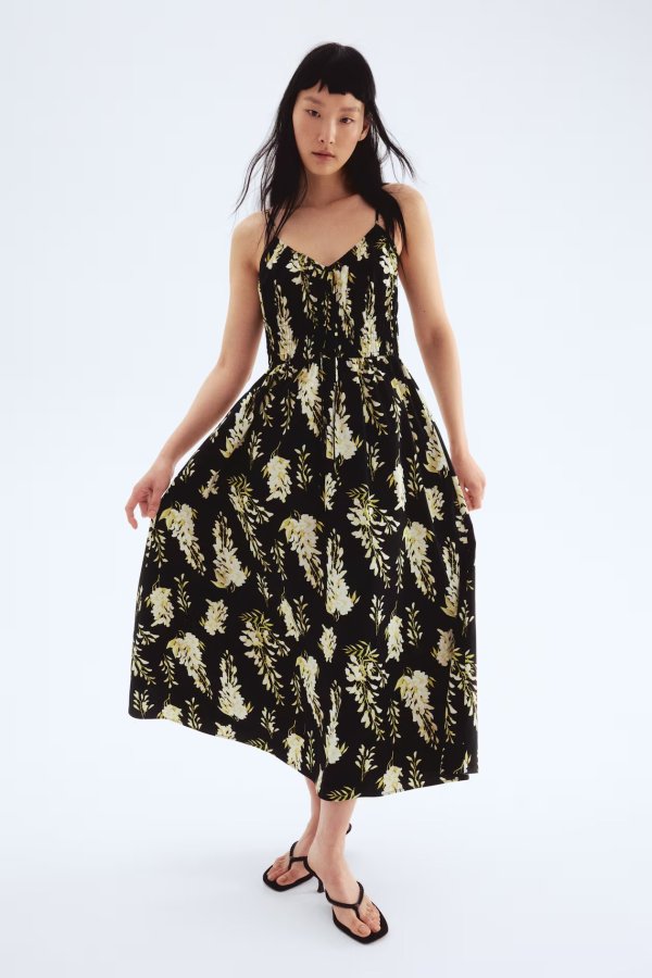  Cotton Strappy Dress Black Floral Ladies