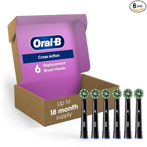 -B CrossAction Electric Toothbrush Replacement Brush Heads, Black, 6 Count